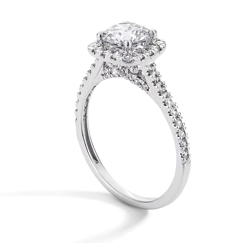 1.5 CT. Gesamtgewicht Labordiamant Verlobungsring mit Halo im Kissenschliff in Platin (F/SI2)