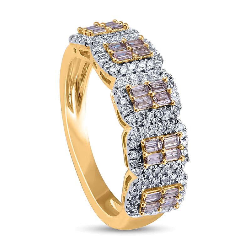 0.63 ct. Gesamtgewicht Fashion-Ring mit Champagner- und weißen Diamanten im Baguette- und Rundschliff in 10K Gelbgold