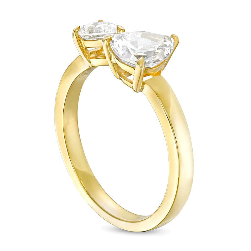 1.5 CT. Gesamtgewicht tropfenförmiger Diamant Toi et Moi Verlobungsring mit offener Schiene in 14K Gelbgold