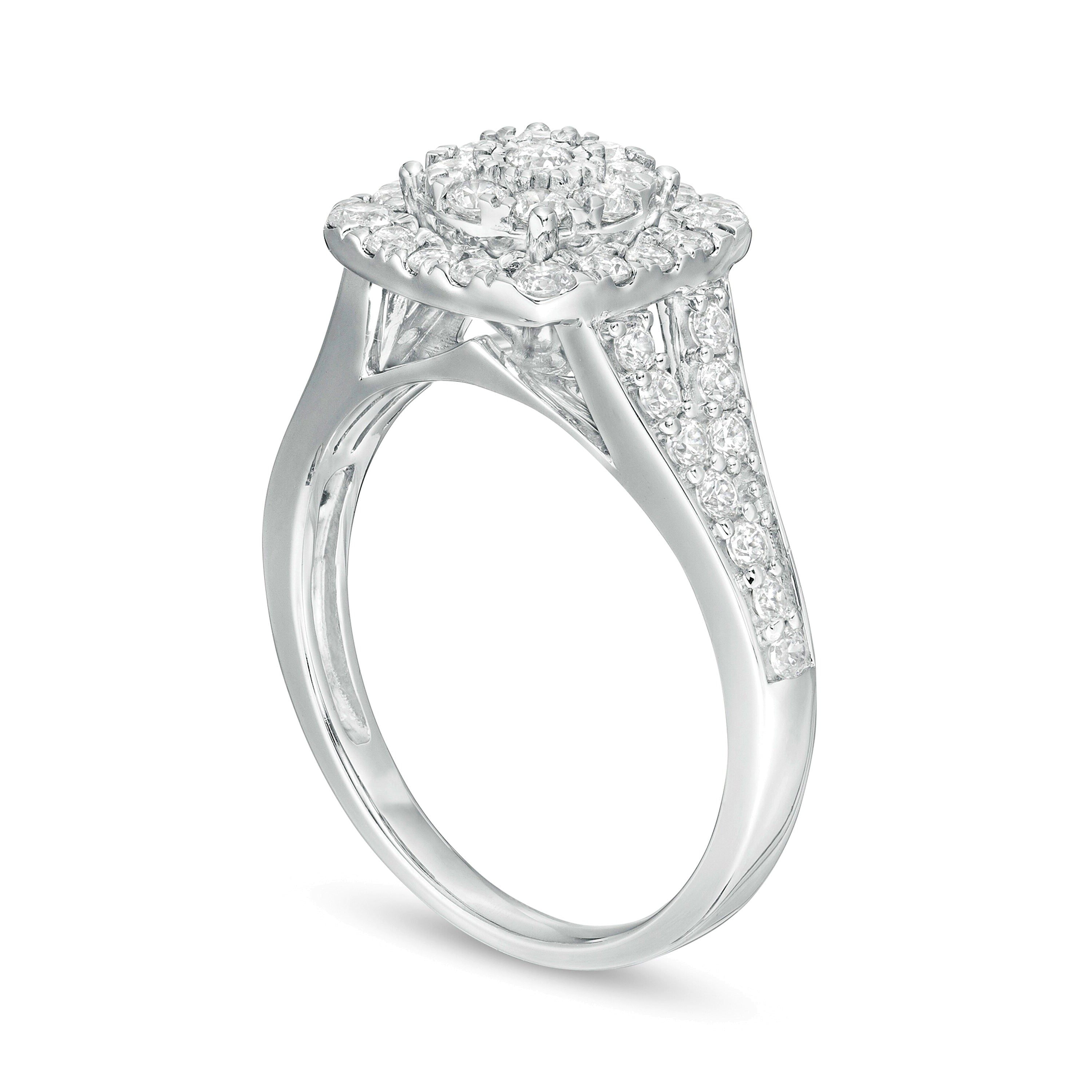 Verlobungsring mit Komposit-Diamanten 1.0 ct. Gesamtgewicht, doppelter Kissenschliff-Rahmen und geteilter Schiene, in 10K Weißgold
