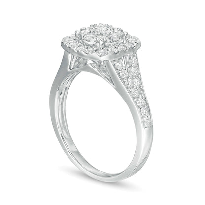 Verlobungsring mit Komposit-Diamanten 1.0 ct. Gesamtgewicht, doppelter Kissenschliff-Rahmen und geteilter Schiene, in 10K Weißgold