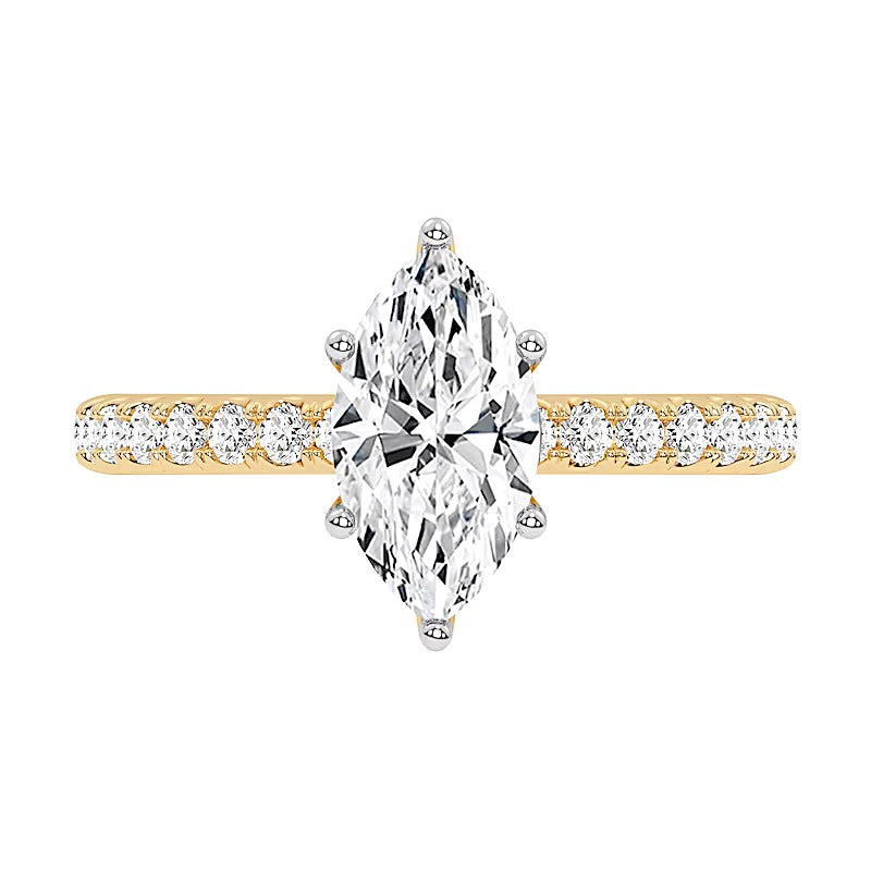 Solitär mit seitlichem Besatz mit Labordiamanten im Marquise- und Rundschliff 1.75 ct. Gesamtgewicht in 14K Gelbgold (F/VS2)