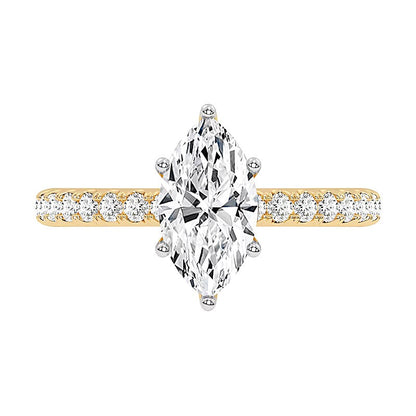 Solitär mit seitlichem Besatz mit Labordiamanten im Marquise- und Rundschliff 1.75 ct. Gesamtgewicht in 14K Gelbgold (F/VS2)