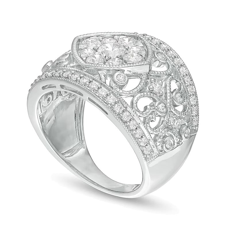 1.25 ct. Gesamtgewicht Komposit-Diamant Ring im Vintage-Stil mit filigranem, gekipptem Quadrat-Design in 10K Weißgold