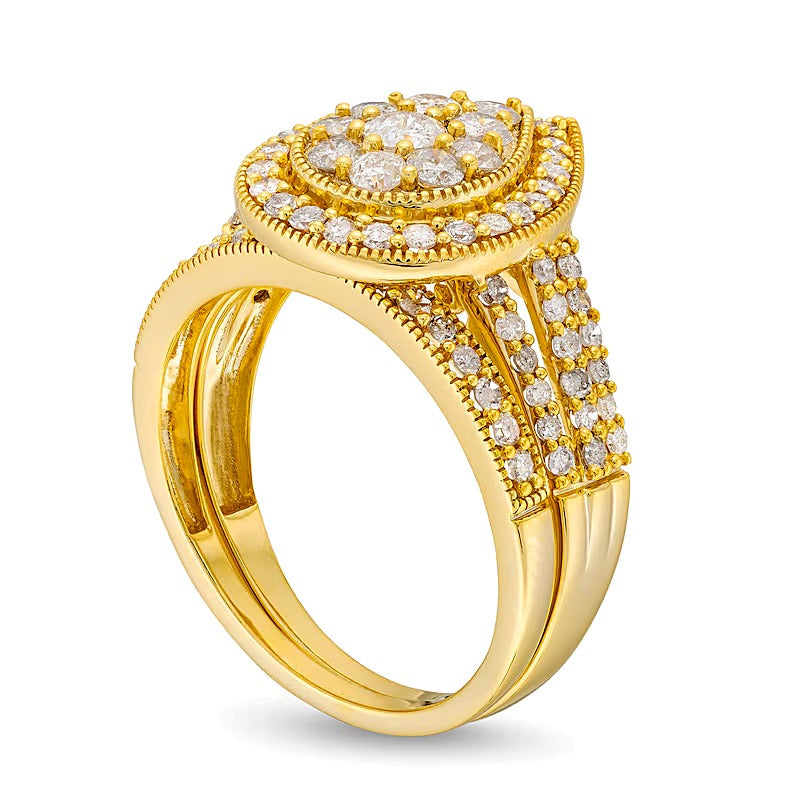 1.25 ct. Gesamtgewicht Diamant-Brautset mit tropfenförmigem Rahmen im Vintage-Stil, Tropfen- und Rundschliff, in 10K Gelbgold
