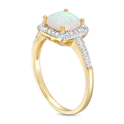 7,0 mm Ring mit Labor-Opal im Kissenschliff (Cabochon) und 0,2 ct. Gesamtgewicht Diamanten in 10K Gelbgold