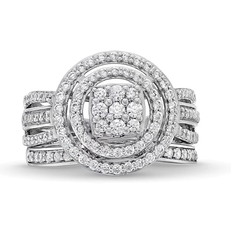 1.0 CT. TW Braut-Set mit weißen Diamanten im Kissenschliff und rund, dreireihiger geteilter Schiene in 10K Weißgold