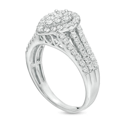 0.95 CT. Gesamtgewicht Halo-Ring mit Diamanten in Tropfen- und Rundschliff, mehrreihig, in 10K Weißgold