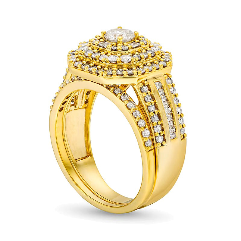 Brautset mit Diamanten in rund, Baguette & Kissenschliff, dreireihiger Oktagon-Fassung, 1.5 ct. Gesamtgewicht, 10K Gelbgold