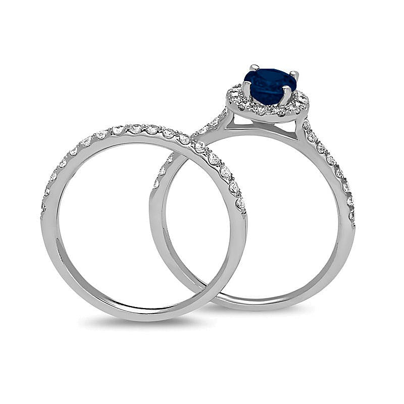 Braut-Set mit ovalem blauem Saphir und Diamanten 0,63 ct. Gesamtgewicht in 14K Weißgold