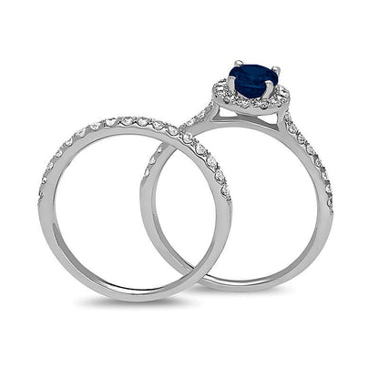 Braut-Set mit ovalem blauem Saphir und Diamanten 0,63 ct. Gesamtgewicht in 14K Weißgold