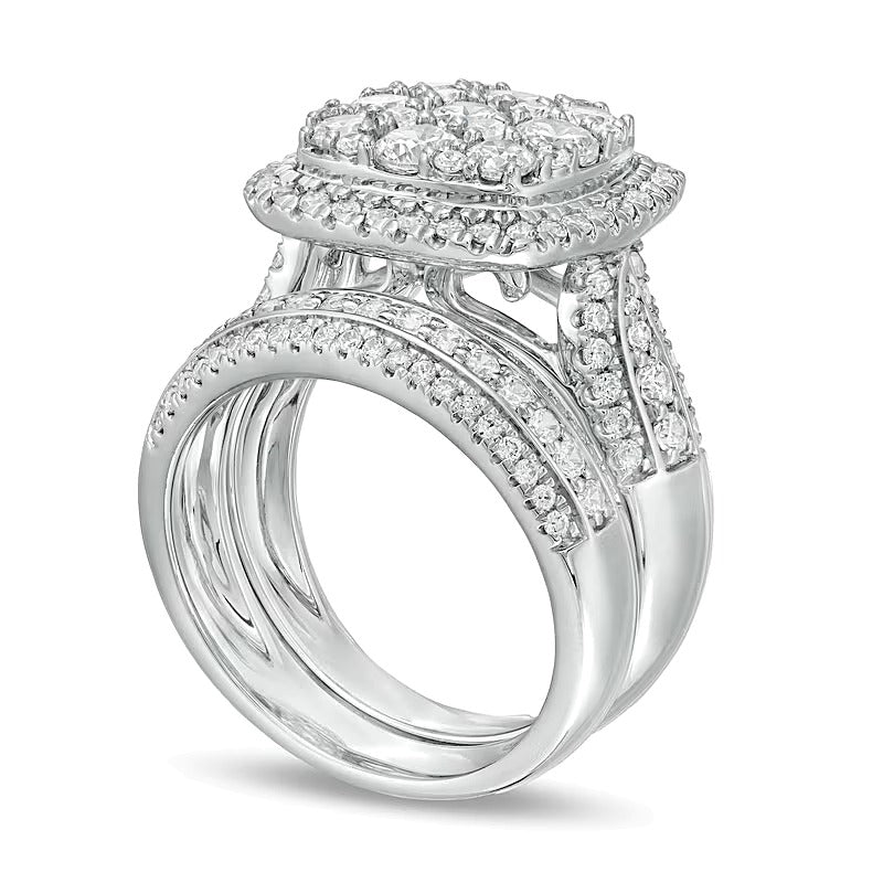 2.5 ct. Gesamtgewicht Komposit-Diamant Brautset mit Kissenschliff-Rahmen, mehrreihig, in 10K Weißgold