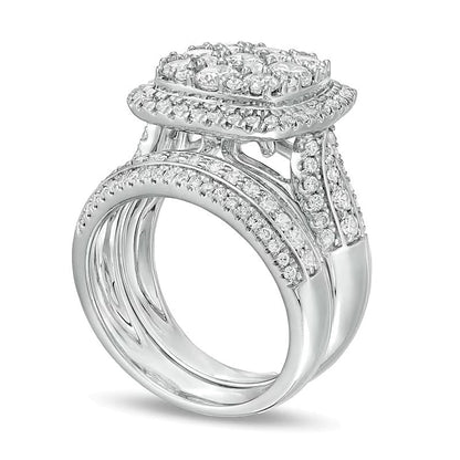 2.5 ct. Gesamtgewicht Komposit-Diamant Brautset mit Kissenschliff-Rahmen, mehrreihig, in 10K Weißgold