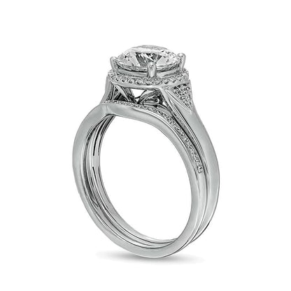 8,0mm weißer Labor-Saphir und 0,2 ct. Gesamtgewicht Diamant Braut-Set mit Halo und Chevron-Besatz aus rhodiniertem Sterlingsilber