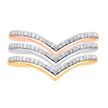 0.33 ct. Gesamtgewicht Diamant-Ring-Set 3-teilig stapelbar mit poliertem Rand und Chevron-Design aus Sterlingsilber, zweifarbig rhodiniert