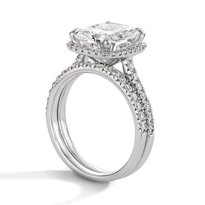 Braut-Set mit Labordiamanten im Kissenschliff und rund, 4,63 ct. Gesamtgewicht, in 14K Weißgold (F/VS2)