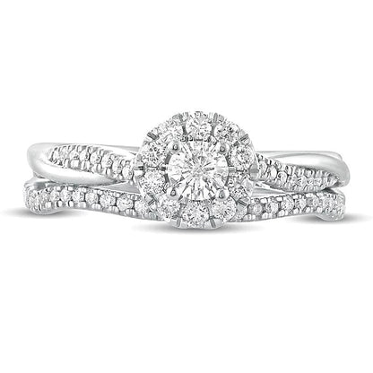 Brautset mit Diamanten 0.5 ct. Gesamtgewicht, rund, Halo mit Twist-Ringschiene, in 10K Weißgold