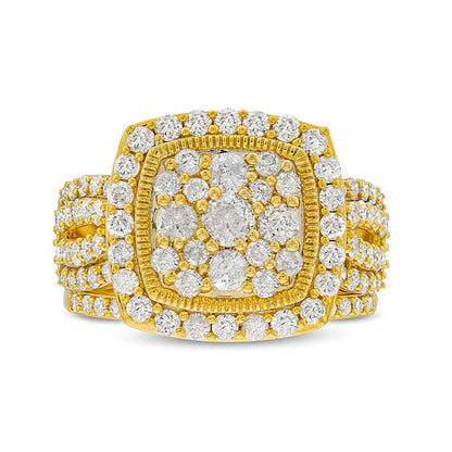 2.0 ct. Gesamtgewicht Braut-Set im Vintage-Stil mit weißen Diamanten im Kissenschliff und Rundschliff, Split-Shank und Diamantrahmen in 10K Gelbgold