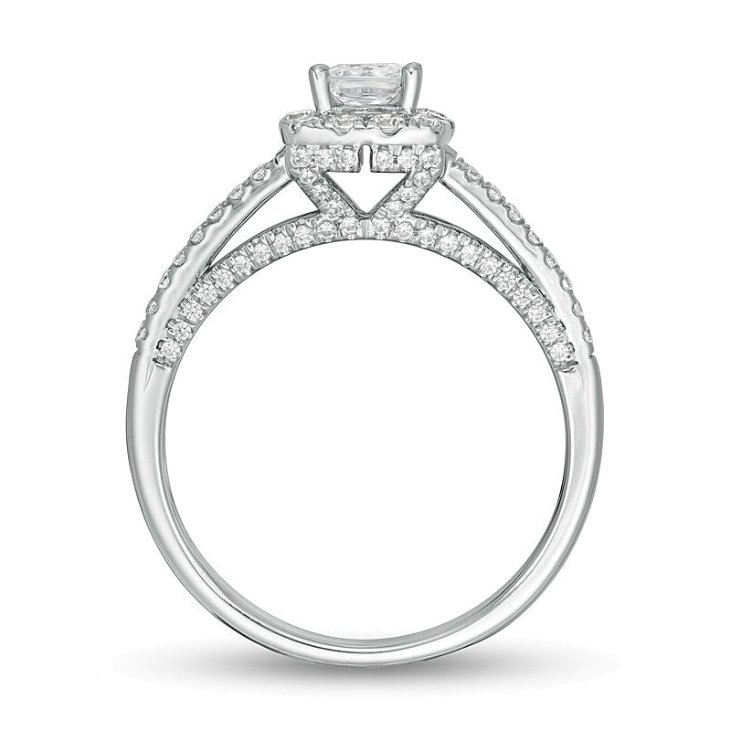Halo-Verlobungsring mit Diamanten in Princess- und rundem Schliff aus 14K Weißgold für Damen