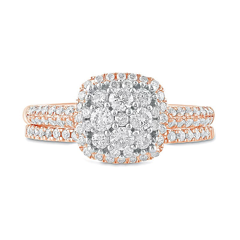 1.0 CT. Gesamtgewicht Komposit-Diamant Brautset mit Kissenschliff-Rahmen in 10K Roségold