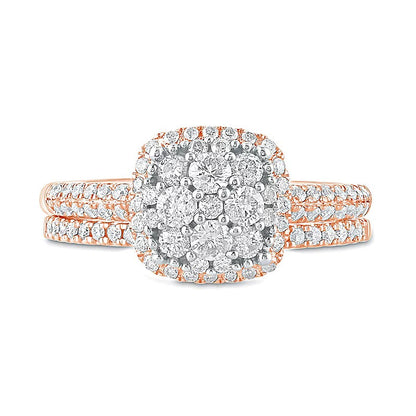 1.0 CT. Gesamtgewicht Komposit-Diamant Brautset mit Kissenschliff-Rahmen in 10K Roségold