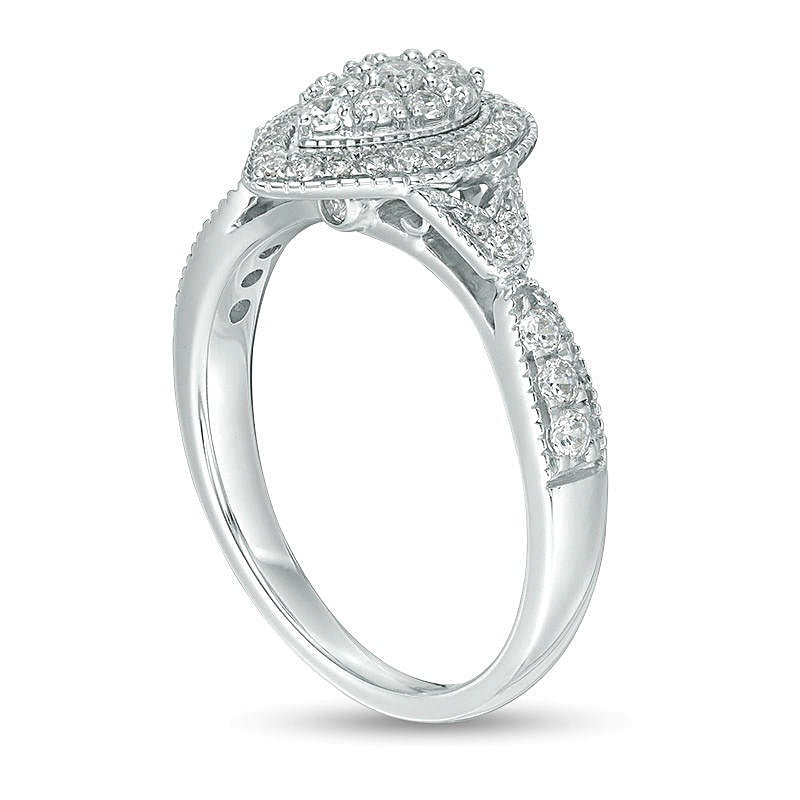 0.5 ct. Gesamtgewicht Multi-Diamant Verlobungsring im Vintage-Stil mit doppeltem tropfenförmigem Rahmen in 10K Weißgold