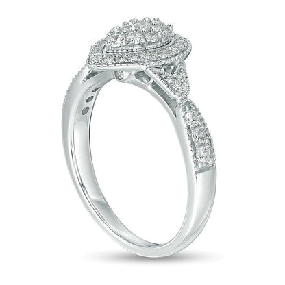 0.5 ct. Gesamtgewicht Multi-Diamant Verlobungsring im Vintage-Stil mit doppeltem tropfenförmigem Rahmen in 10K Weißgold