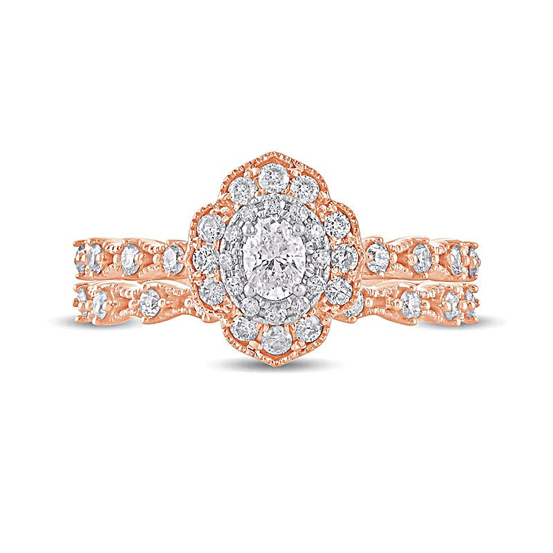 0,63 ct. Gesamtgewicht Braut-Set mit ovalem Diamant im Vintage-Stil in 10K Roségold