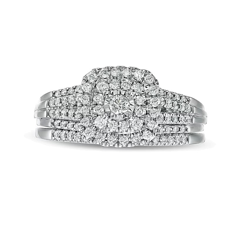 Brautset mit Diamanten im runden und Kissenschliff, mehrreihig, 0,5 ct. Gesamtgewicht, in 10K Weißgold