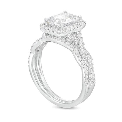 Braut-Set 2.63 ct. Gesamtgewicht Labordiamant im Smaragdschliff mit Halo und gedrehter Ringschiene in 14K Weißgold (I/SI2)