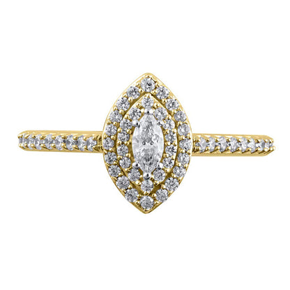 0.5 ct. Gesamtgewicht Verlobungsring mit Diamanten in Marquise- und Rundschliff, Halo-Fassung, in 10K Gelbgold