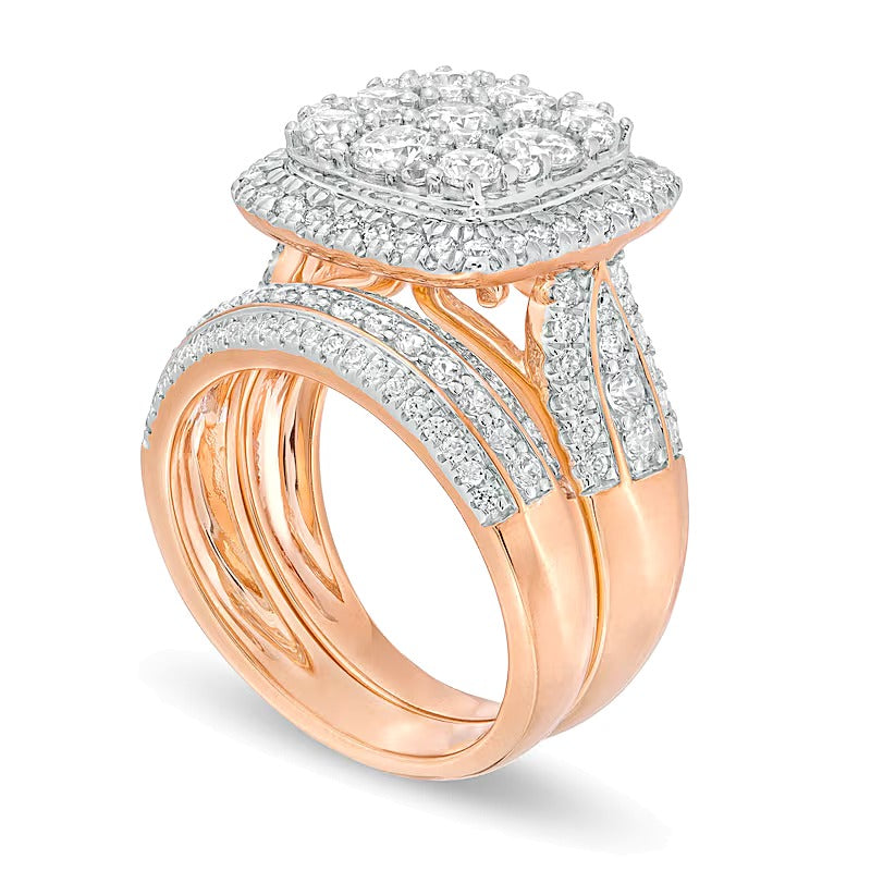 Braut-Set mit Komposit-Diamanten im Kissenschliff, mehrreihig, 2.5 ct. Gesamtgewicht, in 10K Roségold