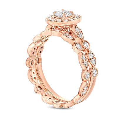 Braut-Set mit ovalem und rundem Diamant im Art-déco-Stil 1.0 ct. Gesamtgewicht in 14K Roségold