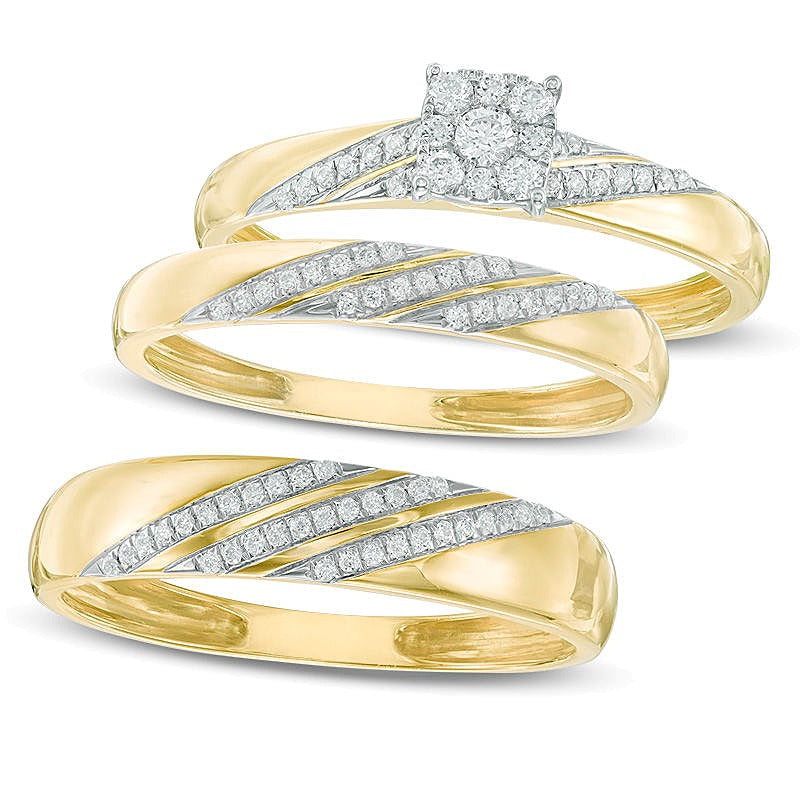 Ehering mit Diamantbesatz und Komfortschliff in geneigter Form aus 10K Gelbgold