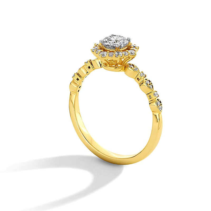 0,75 ct. Gesamtgewicht Diamant Halo Verlobungsring im Art-Déco-Stil aus 14K Gelbgold