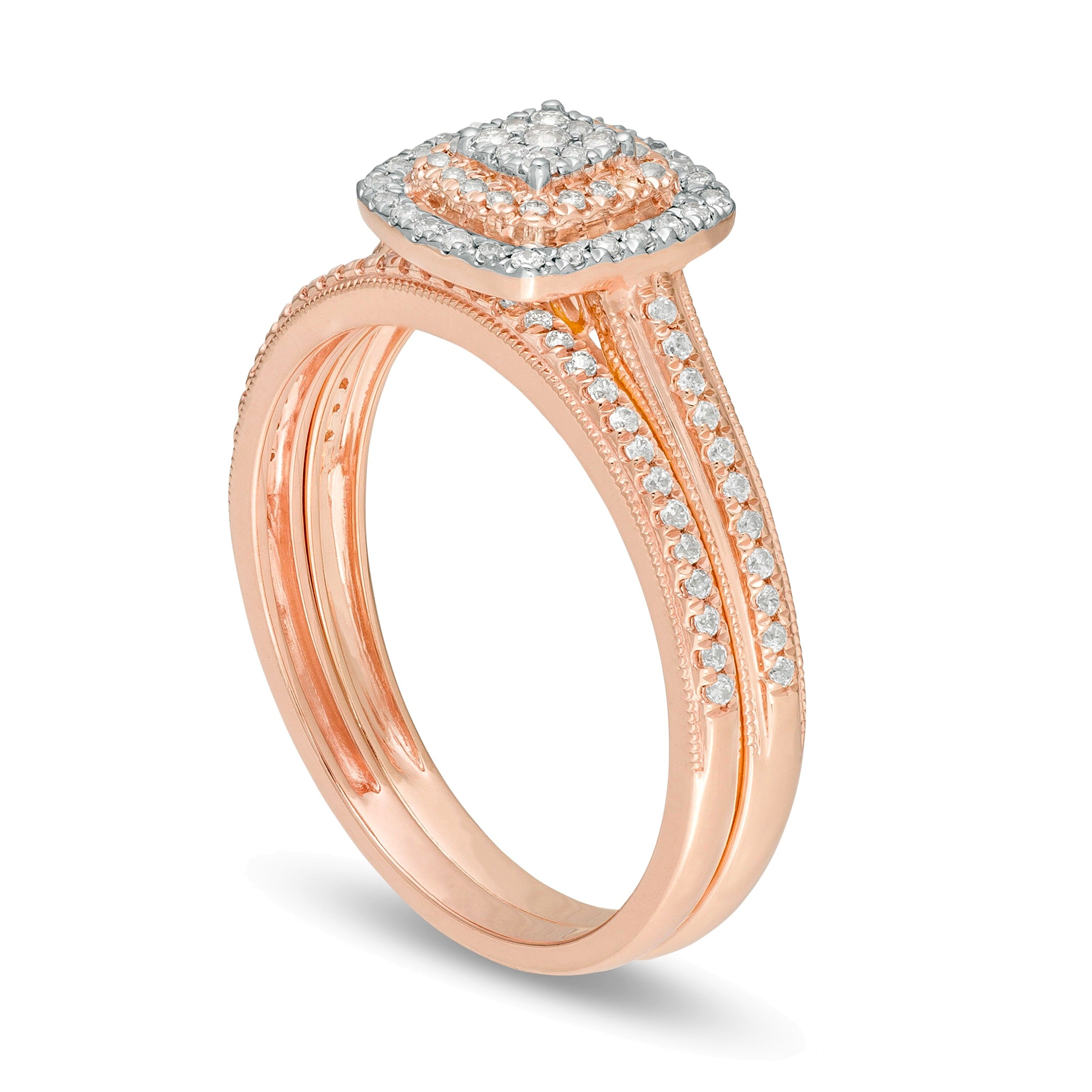 0.33 ct. Gesamtgewicht Komposit-Diamant Brautset im Vintage-Stil mit doppeltem Kissenschliff-Rahmen in 10K Roségold