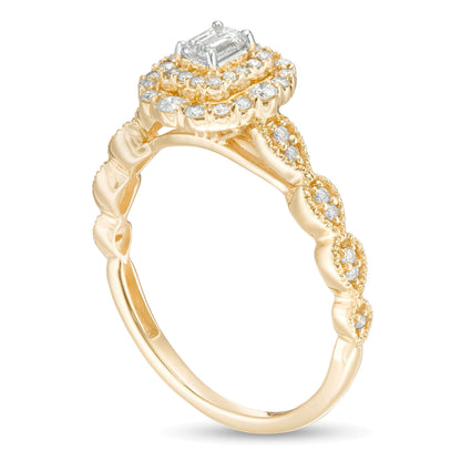 0.38 ct. Gesamtgewicht Verlobungsring im Vintage-Stil mit Diamant im Smaragdschliff und doppeltem Halo in 10K Gelbgold