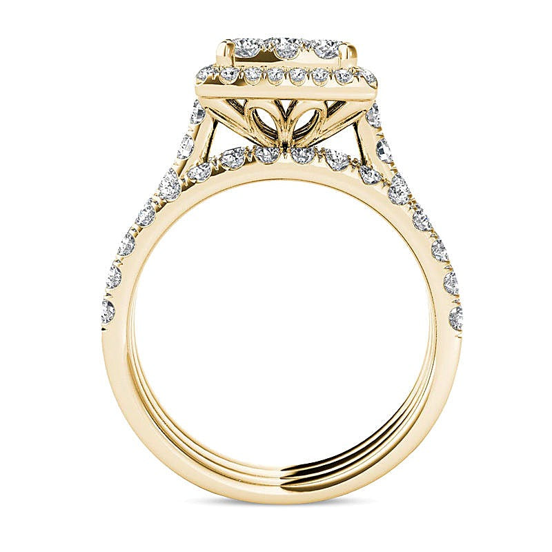 2.0 ct. Gesamtgewicht Komposit-Diamant Brautset mit quadratischem Rahmen, dreiteilig, in 14K Gelbgold