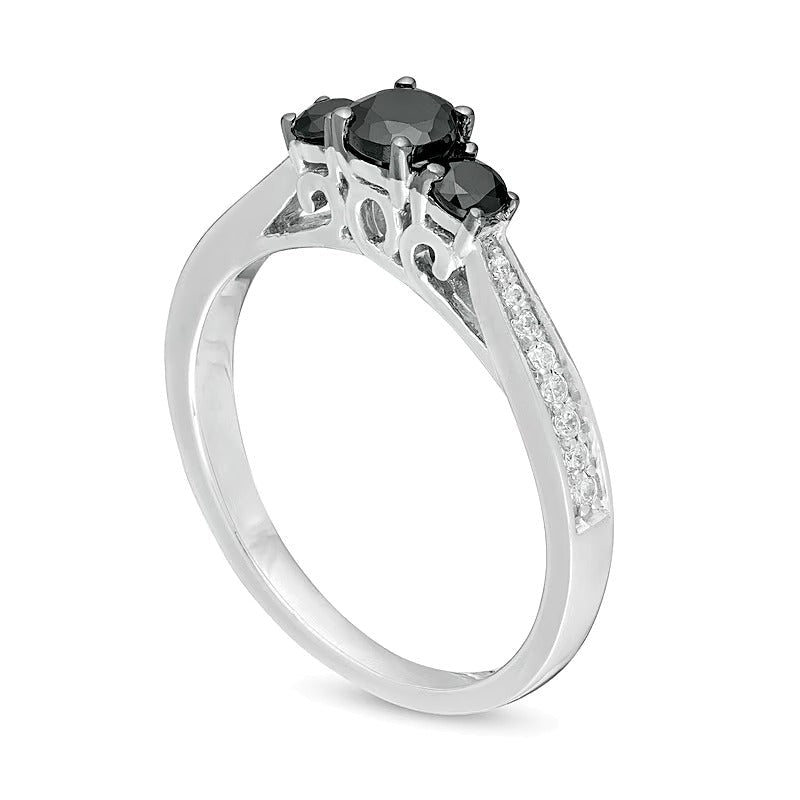 0,5 ct. Gesamtgewicht behandelter schwarzer und weißer Diamant Dreistein-Verlobungsring aus rhodiniertem Sterlingsilber
