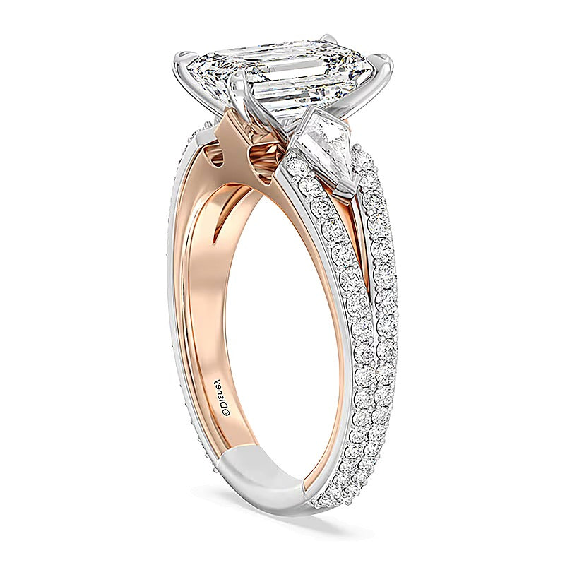 Verlobungsring Solitär mit seitlichem Besatz für Damen mit Labordiamanten im Smaragdschliff, 4.0 ct. Gesamtgewicht, in 14K Gold Two-Tone