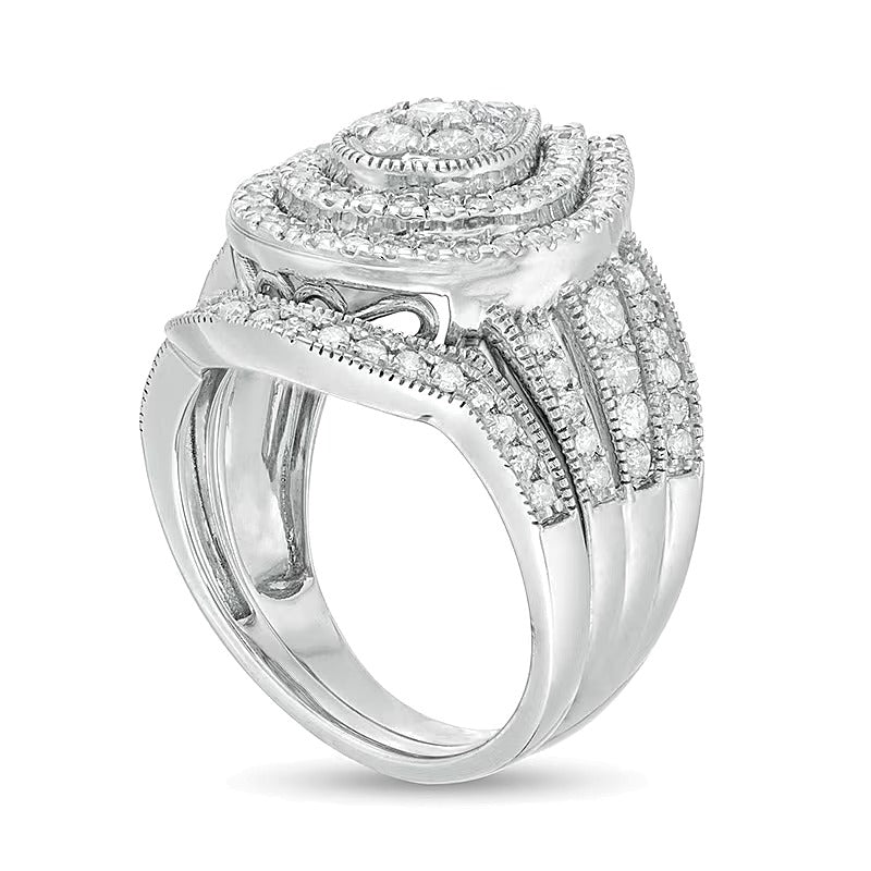 Braut-Set im Vintage-Stil mit tropfenförmigem und rundem Diamant-Besatz, mehrreihig, 1.25 ct. Gesamtgewicht, in 10K Weißgold