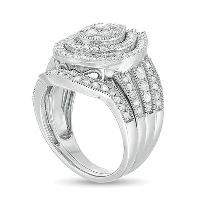 Braut-Set im Vintage-Stil mit tropfenförmigem und rundem Diamant-Besatz, mehrreihig, 1.25 ct. Gesamtgewicht, in 10K Weißgold