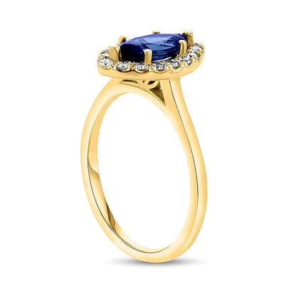 Halo-Ring mit blauem Saphir im Marquise-Schliff und 0,25 ct. Gesamtgewicht Diamanten in 14K Gelbgold
