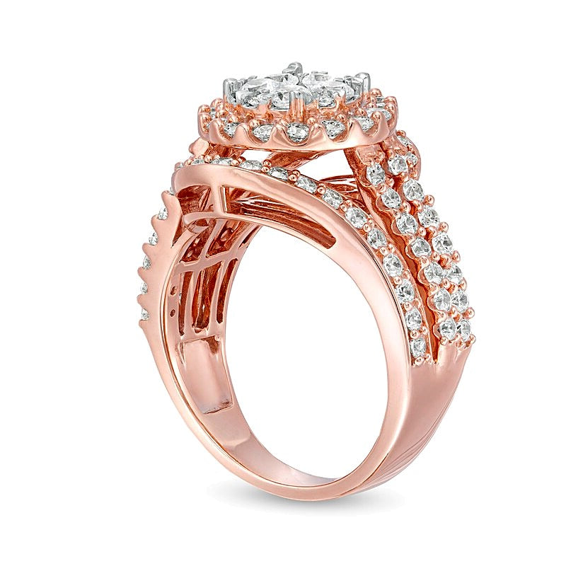 2.0 ct. Gesamtgewicht Komposit-Diamant Bypass mehrreihiger Verlobungsring mit geteilter Schiene in 10K Roségold