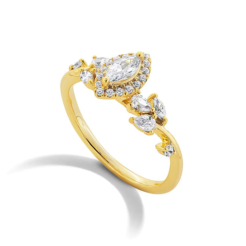 Halo-Verlobungsring mit Diamanten im Marquise-Schliff 0,75 ct. Gesamtgewicht in 14K Gelbgold