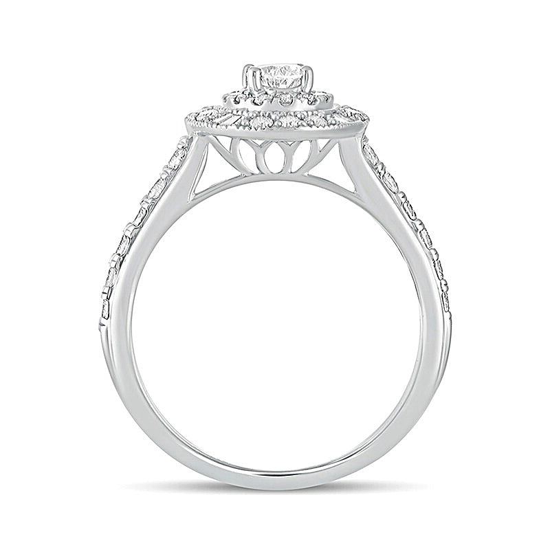 1.0 ct. Gesamtgewicht Verlobungsring Halo mit Diamanten im Oval- und Rundschliff in 14K Weißgold