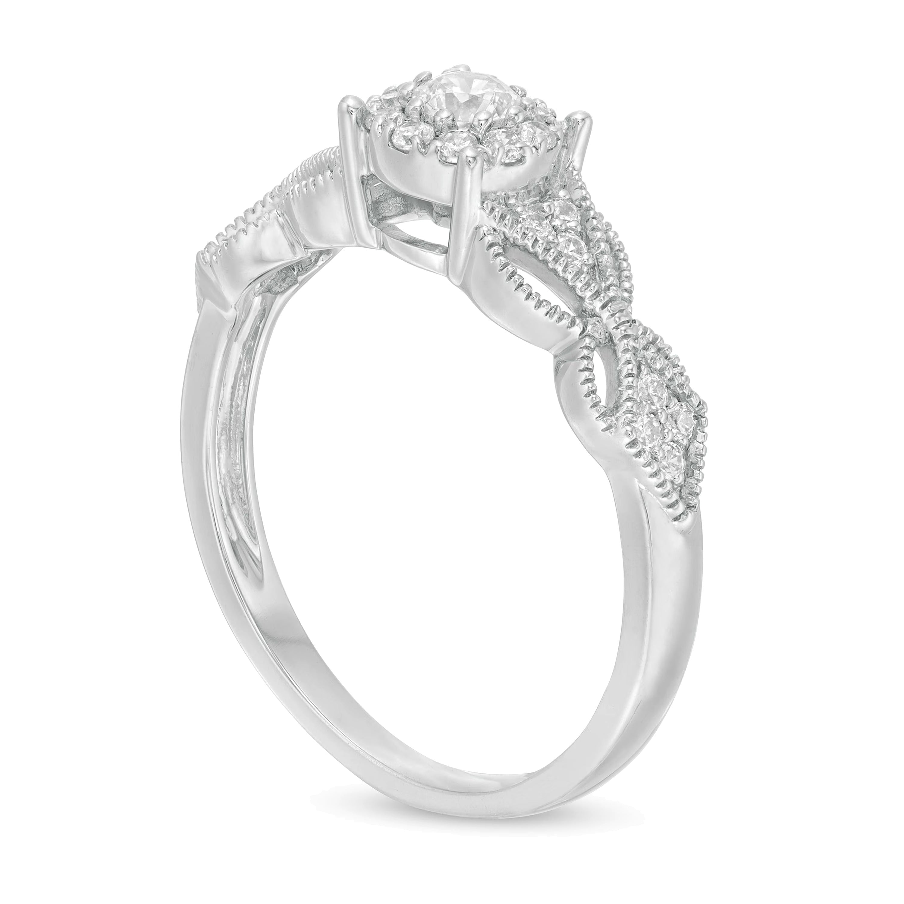 0.33 ct. Gesamtgewicht Diamant Halo Verlobungsring mit Schmetterling-Seiten im Vintage-Stil und Filigranarbeit in 10K Weißgold