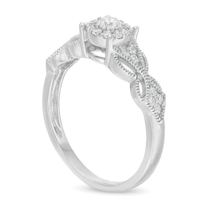 0.33 ct. Gesamtgewicht Diamant Halo Verlobungsring mit Schmetterling-Seiten im Vintage-Stil und Filigranarbeit in 10K Weißgold