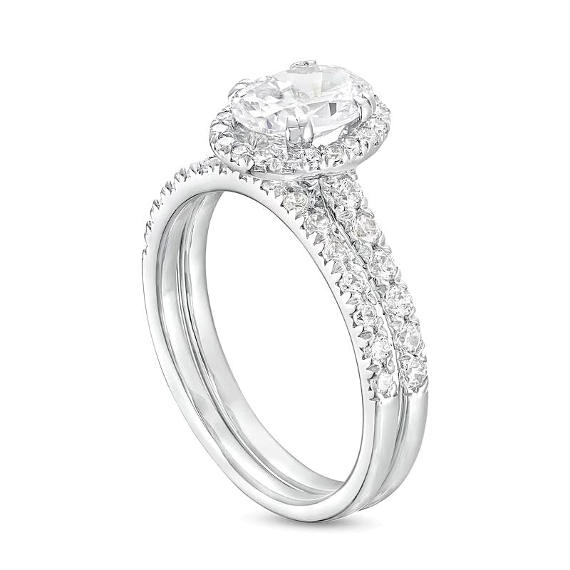 1.75 CT. Gesamtgewicht Braut-Set mit ovalem Labordiamant und Halo in 14K Weißgold (I/SI2)