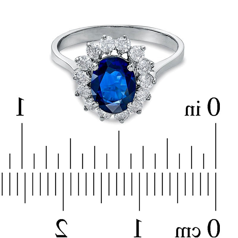 Verlobungsring mit ovalem blauem Saphir und 0,38 ct. Gesamtgewicht Diamanten im Halo in 14K Weißgold
